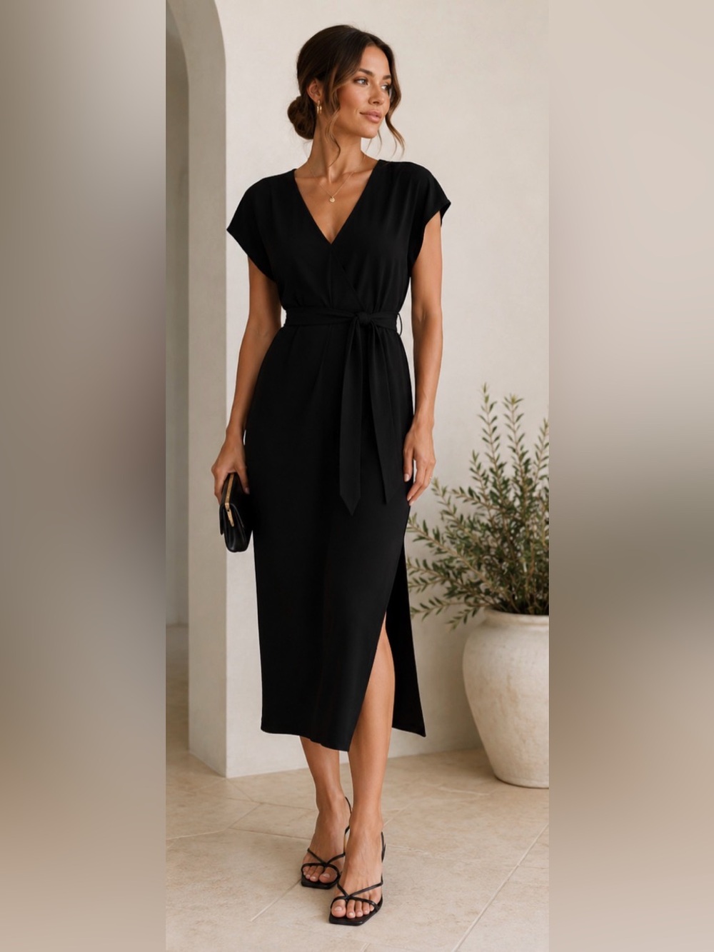 Paige black dress stretch longline midi modest with belt and side slit XL nwt
